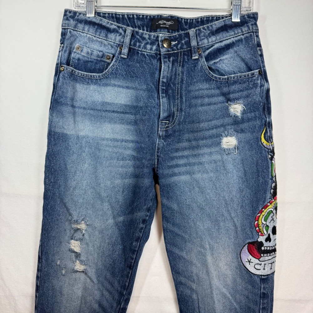 Ed Hardy‎ Denim Mens Blue Distressed Embroidered Skull Eagle Jeans MEHD8301-2 30
